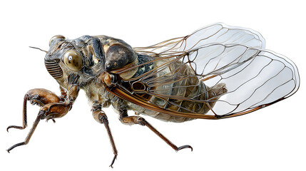 Composition illustrates cicada with transparent wings isolated on white