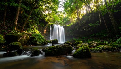 Lush waterfall cascading into a tranquil stream