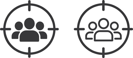 Target audience group icon set, business customer focus symbol, market segmentation illustration, user demographics analysis concept, digital marketing people target vector