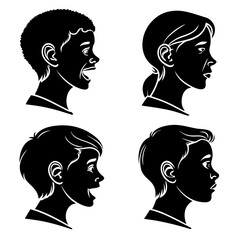 Diverse children silhouettes in profile showcasing various expressions and hairstyles symbolizing youth and individuality in a graphic art style
