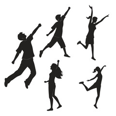 Fototapeta premium Diverse group of energetic young people in silhouette celebrating and jumping with joy and excitement against a clean white background