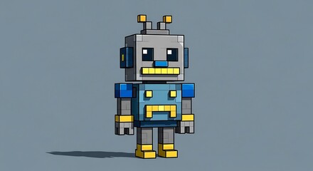 Cute blocky robot character with a pixelated 3D design, representing a futuristic artificial intelligence concept for modern technology