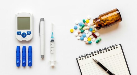 Diabetes supplies with glucose meter and insulin syringe next to pills and a notebook on white surface