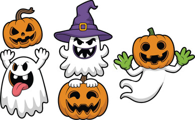 Set of cute and funny Halloween cartoon characters including ghosts with pumpkin heads, witch hats, and spooky faces for festive vector design projects.
