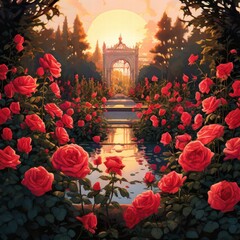 an AI Image Generator, Silhouette of a Cityscape Capturing a Vibrant Sunset Reflection