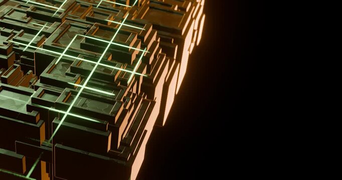 Anima&ccedil;&atilde;o 4K em loop de blocos geom&eacute;tricos estilo cidade/circuito cortados por linhas luminosas ciano, com ilumina&ccedil;&atilde;o dourada e espa&ccedil;o para texto. Visual tecnol&oacute;gico e elegante