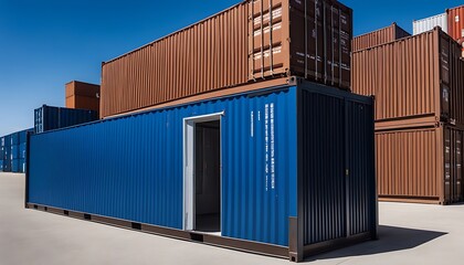 Fototapeta premium A blue shipping container with an open doorway and stacked brown containers under a clear blue sky