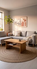 Fototapeta premium Serene Living Room Interior with Natural Light and Cozy Accents, Contemporary Home Decor with Jute Rug and Wooden Coffee Table
