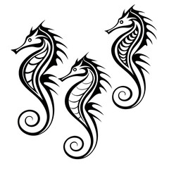 Three stylized black tribal seahorse designs with curled tails and spiky dorsal fins set against a white background representing marine life and aquatic art