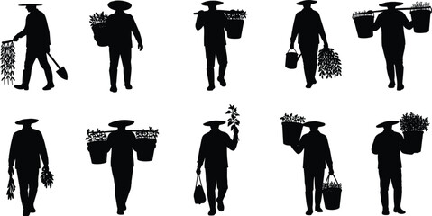 Silhouette of farmers carrying plants, baskets, and tools, agricultural workers harvesting crops, rural farming lifestyle vector set with traditional hats and farm produce.
