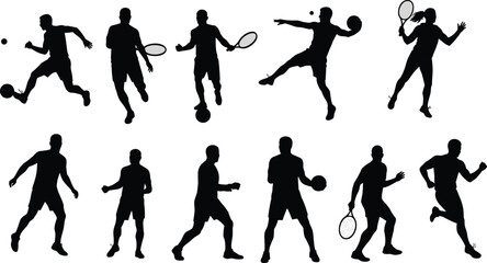 Sports player silhouettes of soccer, tennis, and racket sports, action poses, athletic movements, ball kicking, racket swinging, fitness activities, vector illustrations, dynamic sports figures.