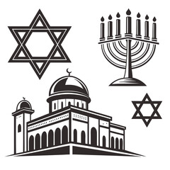 Obraz premium Collection of religious symbols including a mosque star of david and a menorah representing judaism and islam in a graphic illustration