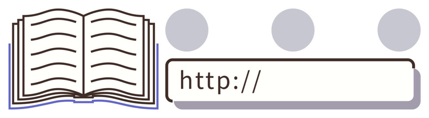 Open book icon paired with a browser URL bar and three dots signifies digital access to knowledge, online education, e-learning, blogging, content creation, research, and connectivity. Ideal