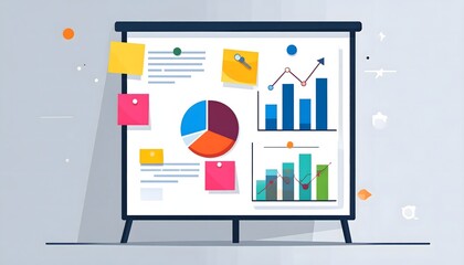 Presentation board displaying various charts and graphs with sticky notes attached, showing data analysis and business insights in a modern style.