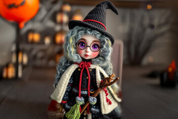 Cute crochet doll girl in a witch's hat and cloak, with large purple eyes and round glasses.