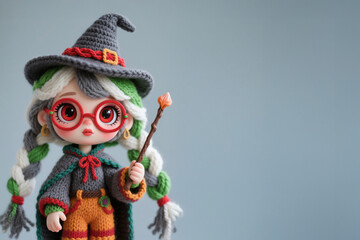 Cute little girl crochet doll with braids and a witch costume.