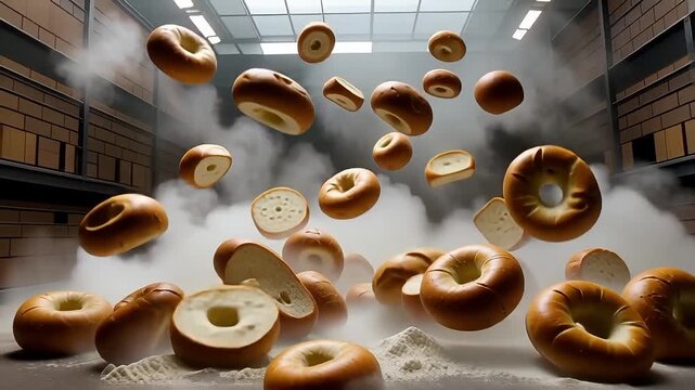 Freshly baked bagels suspended in mid-air with a dusting of flour and a dramatic cloud effect.