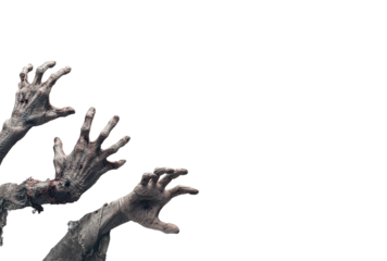 Zombie hands reaching from black background