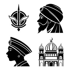 Collection of black silhouette icons representing cultural and religious symbols including a sikh khanda a man in a turban a woman in traditional headwear and an islamic mosque
