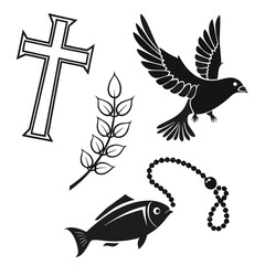 Collection of christian symbols including a cross a dove a fish a rosary and a laurel branch representing faith peace and religious devotion