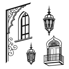 A collection of black silhouette elements featuring traditional architectural details like arched windows ornate balcony and hanging lanterns evoking a sense of middle eastern or moroccan design