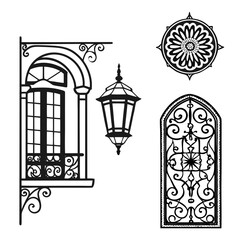 Collection of ornate black silhouette architectural elements including a balcony window with wrought iron railing a vintage street lamp a decorative circular motif and an arched window grill