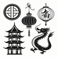 A collection of traditional chinese cultural symbols including a pagoda lanterns a dragon and a circular motif all rendered in a black silhouette style on a white background