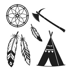 Collection of native american inspired icons including a dreamcatcher tomahawk feathers and a teepee tent presented as black silhouettes on a white background