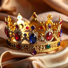 Golden crown with colorful gems on a satin background