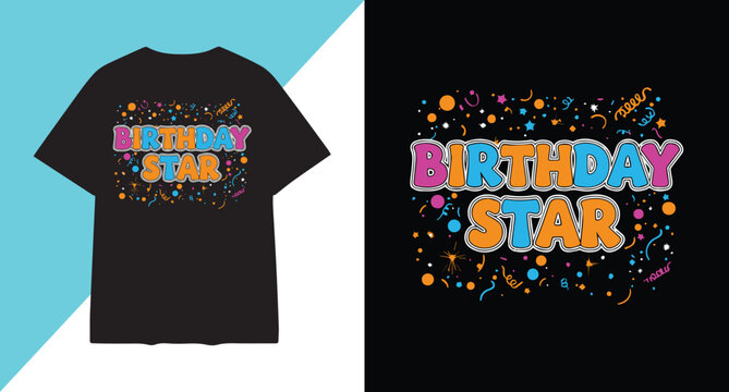 Birthday star t shirt design with colorful confetti and splatter