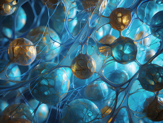 Abstract interconnected network of spheres with glowing elements and blue veins