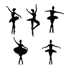 Fototapeta premium Set of graceful dancing ballerina silhouettes in various poses isolated on white background