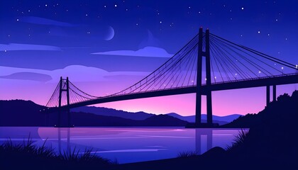 Fototapeta premium Suspension bridge stretches across tranquil water at night under a starry sky with a crescent moon, creating a serene and peaceful atmosphere.