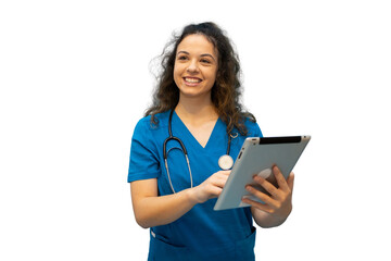 Young female doctor wearing blue scrubs and stethoscope using digital tablet with transparent background