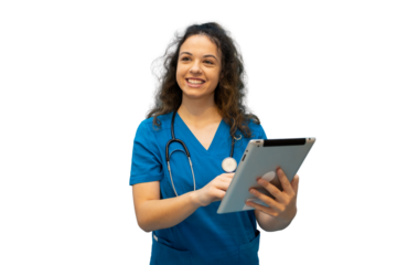 Young female doctor wearing blue scrubs and stethoscope using digital tablet with transparent background