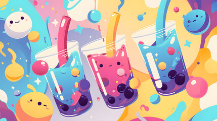 Flat vector comic style abstract background with cute pop ice drink
