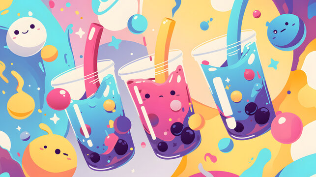 Flat vector comic style abstract background with cute pop ice drink