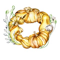 watercolor autumn composition bright with pumpkin