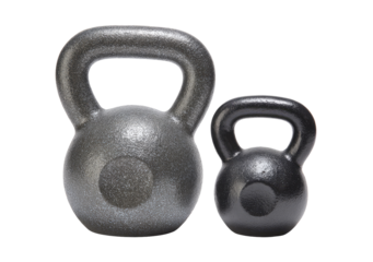 Two kettlebells, one larger than the other, are shown in profile against a black background.  Both feature a rounded, weighted base and a handle for gripping. 