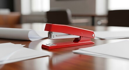 Red stapler on wooden desk with papers office supplies