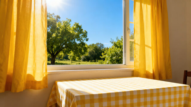 open window with yellow curtains and flowers