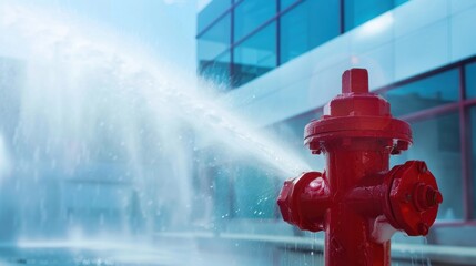 Red Fire Hydrant Spraying Water Against Modern Building