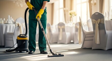 Person vacuuming carpet in event hall cleaning vacuum cleaner