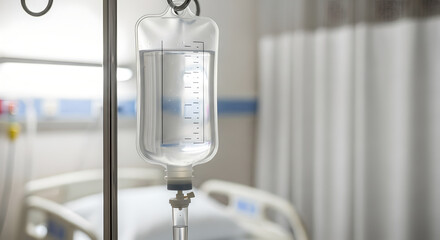 Intravenous (IV) Bag with a Blurry Hospital Room Background