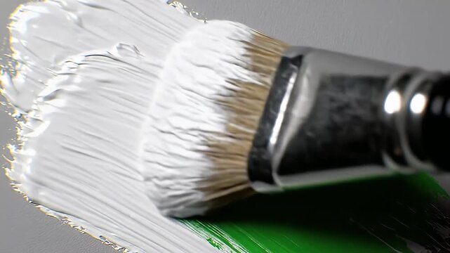 Close-up of white paint being brushed onto a grey surface, then mixed with green