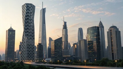 Obraz premium A stunning skyline featuring modern skyscrapers at sunset, showcasing unique architectural designs and urban development.