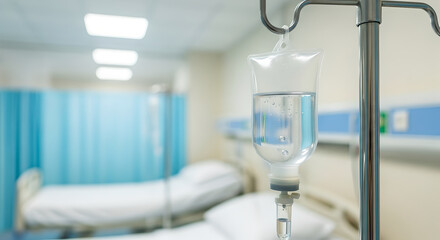 Intravenous (IV) Bag with a Blurry Hospital Room Background