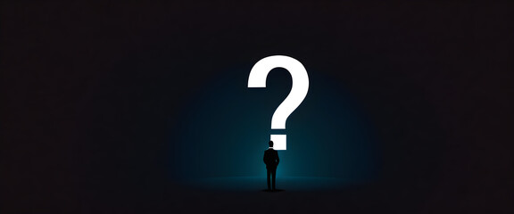 Illustration of man silhouette looking at white question mark. Business man facing glowing question mark. Minimal illustration with black silhouette and bright question mark.