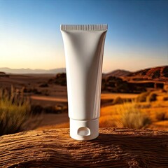 White tube of product sits on a desert log,  sunrise backdrop