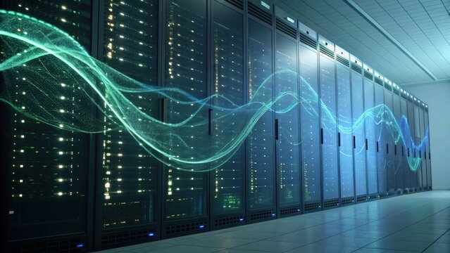 A futuristic data center with rows of servers and flowing digital waves, symbolizing data transfer and technology.